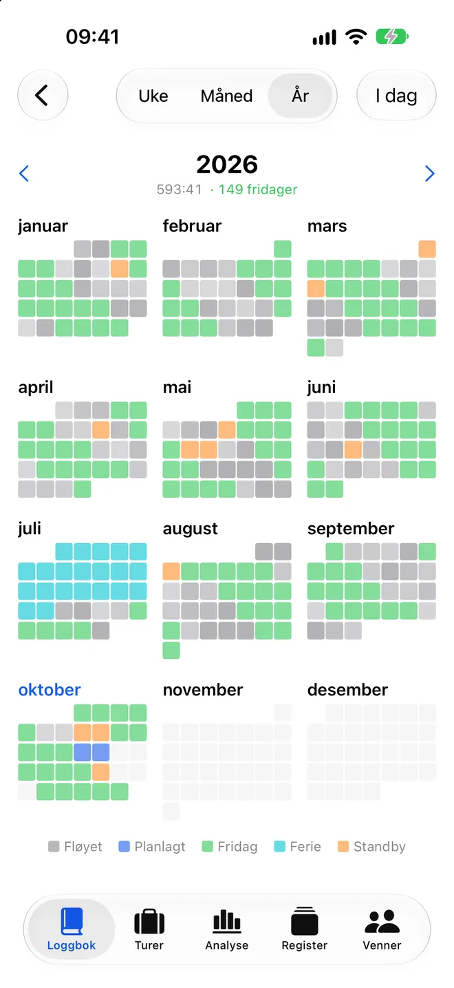 Årskalender i Logbook med flydager, fridager, ferie og standby i farger
