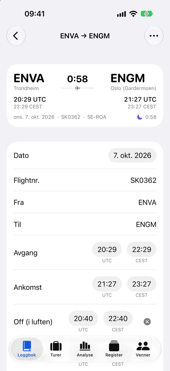 En flyvning i Logbook: ENVA til ENGM med avgang, ankomst, tider i UTC og lokal tid, og fly