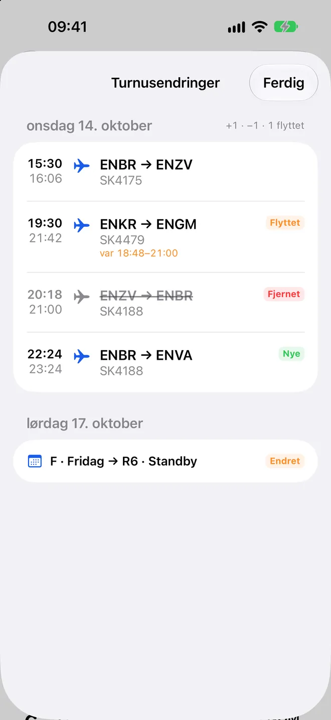 Turnusendringer i Logbook: hver dag som er endret, med legs merket som nye, flyttet eller fjernet